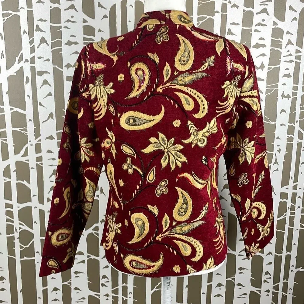 Bob Mackie Vintage Paisley Floral Tapestry Collarless Embellished Blazer
